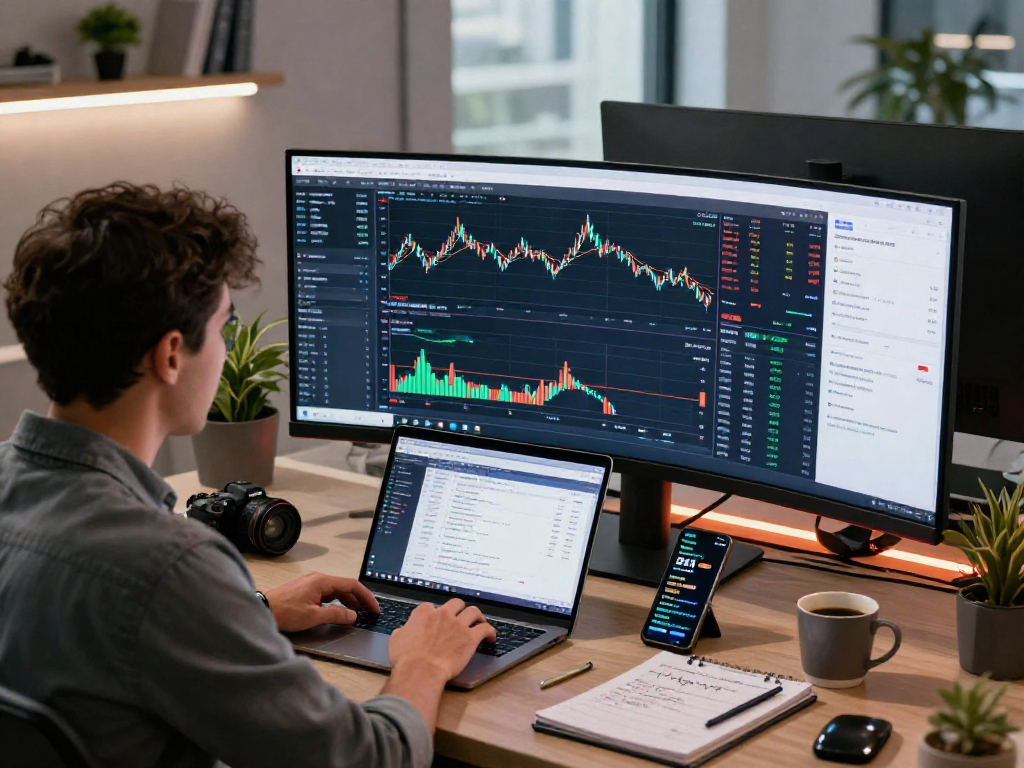使用 tradingview 平台进行实时交易分析的现代交易工作空间,展示图表和策略。