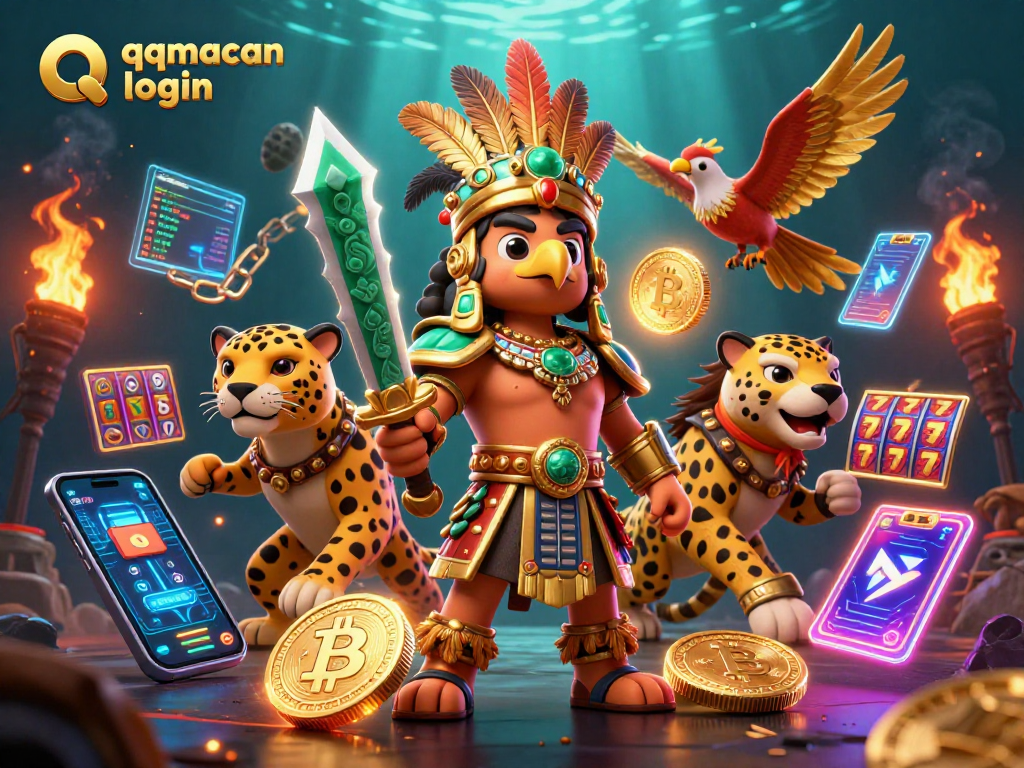 Engage with the qqmacan login interface featuring a lively illustration of Aztec warriors and crypto elements.