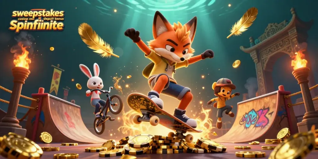 Experience the excitement of sweepstakes casino no deposit bonus spinfinite with vibrant 3D animated fox and rabbit.