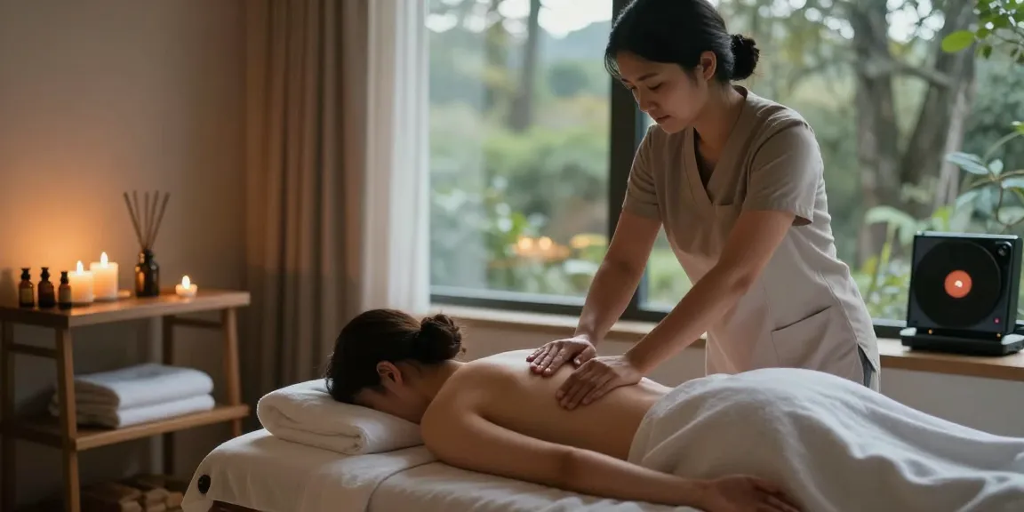 스웨디시 마사지 중인 장면, 아늑한 분위기의 마사지샵에서 편안한 고객이 테이블에 누워 있습니다.