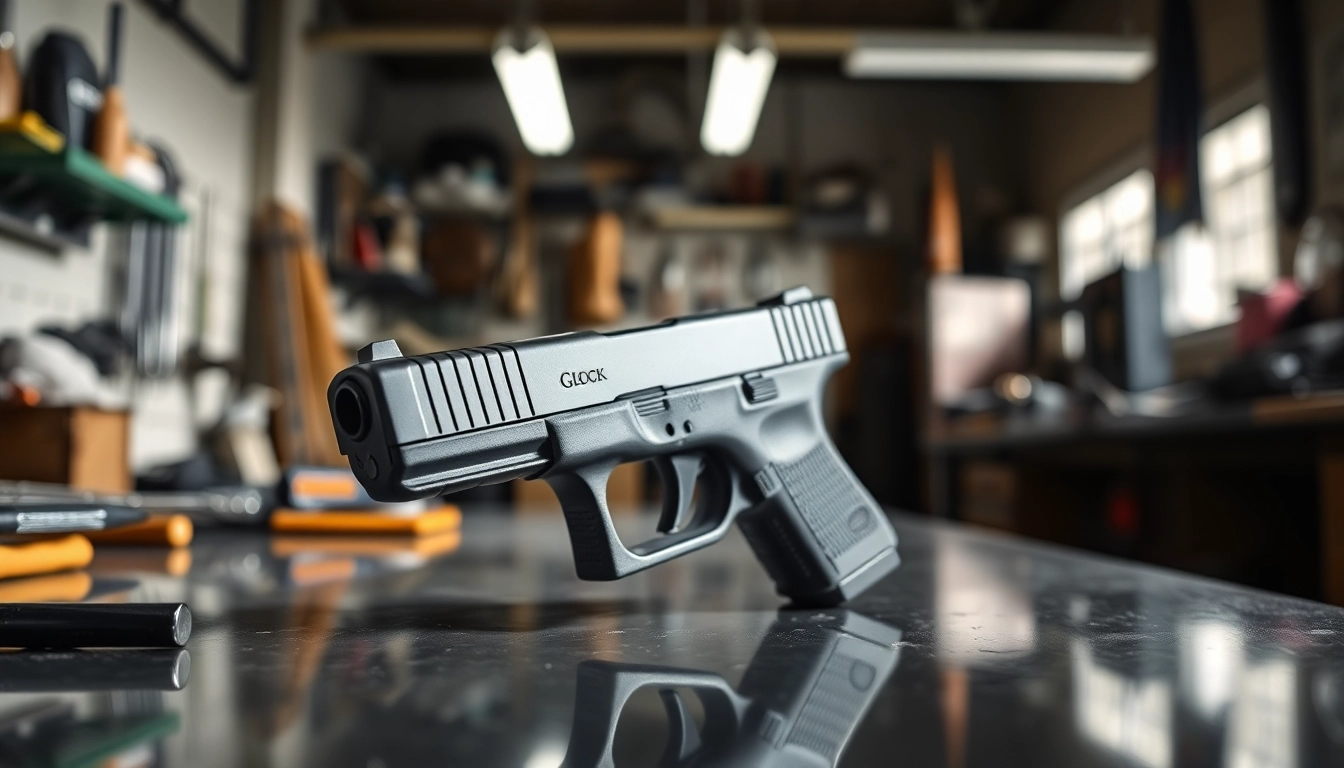 Examine the premium glock 17 slide featured in a vibrant workshop environment, emphasizing craftsmanship and detail.