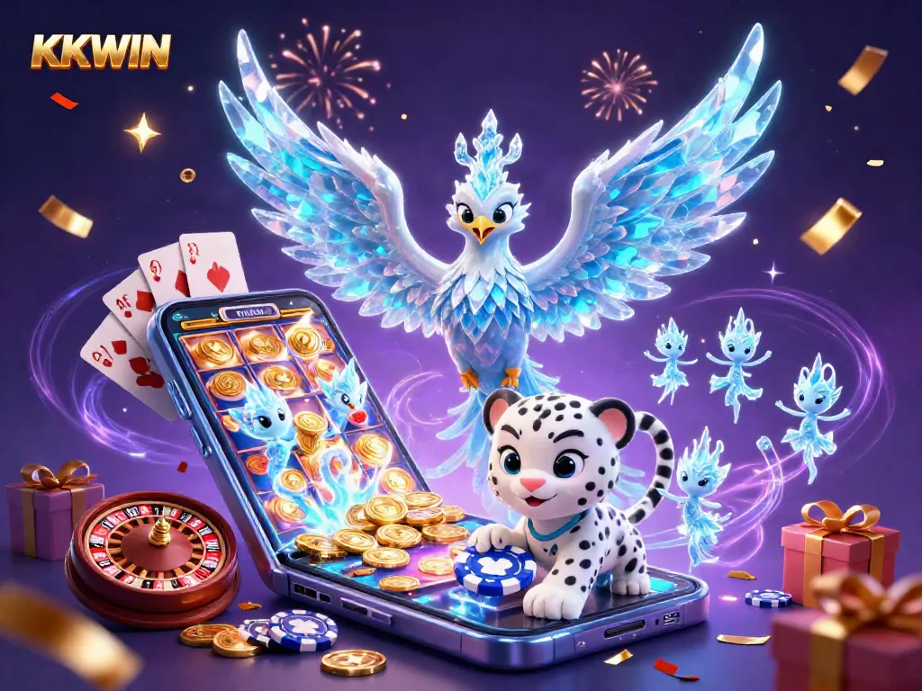 KKWIN celebrates with a playful ice phoenix, poker-themed elements, and dynamic slot game visuals.