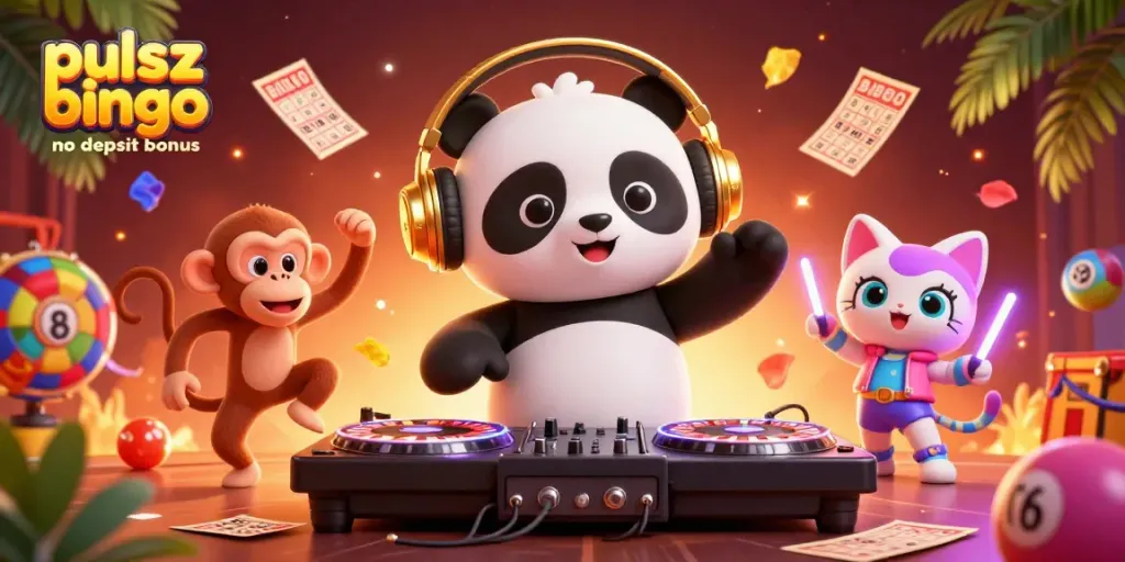 Pulsz bingo no deposit bonus promotional illustration featuring a DJ panda, breakdancing monkey, and glow-stick kitten amidst vibrant bingo elements.