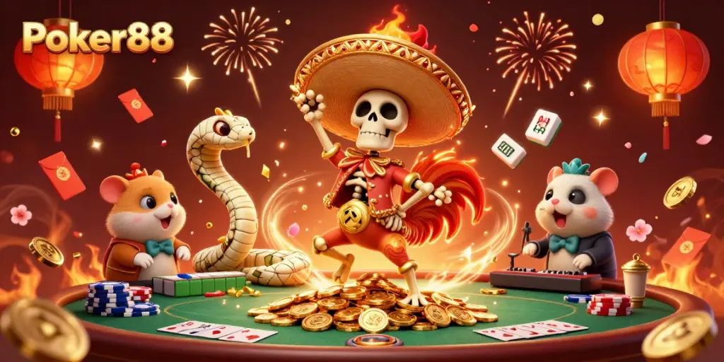 Experience Poker88 thrills with a vibrant 3D casino scene featuring fun characters celebrating a winning moment.
