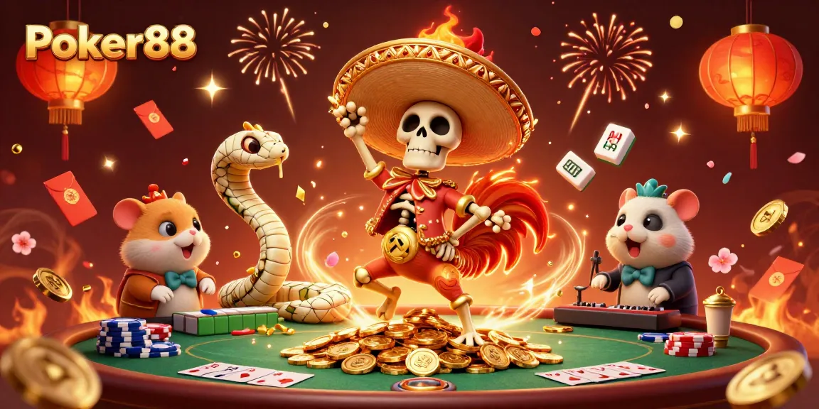 Experience Poker88 thrills with a vibrant 3D casino scene featuring fun characters celebrating a winning moment.