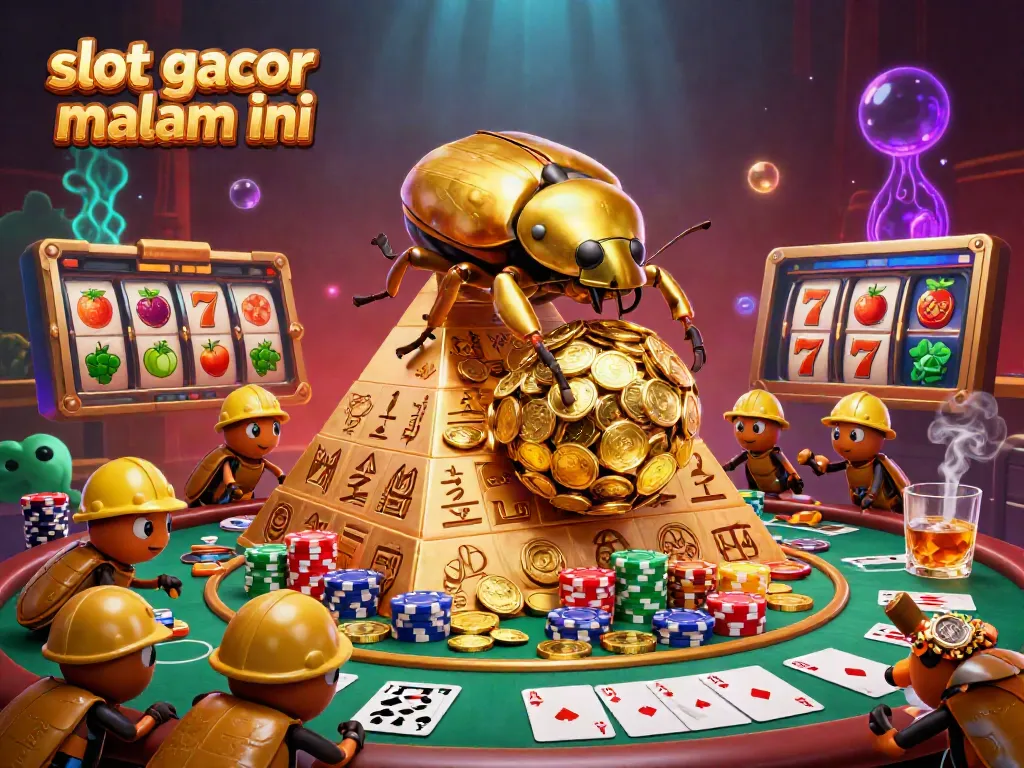 Slot gacor malam ini dengan kumbang emas raksasa menggelindingkan koin di piramida.