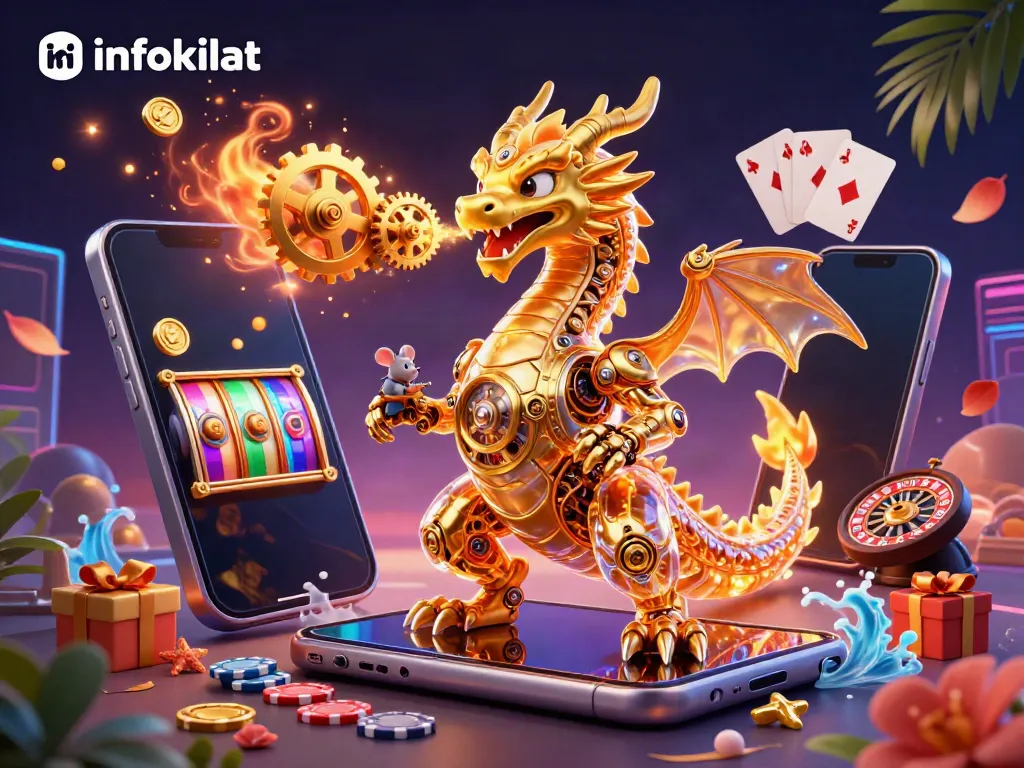 Experience thrilling slot gameplay with infokilat's golden dragon and animated casino elements.