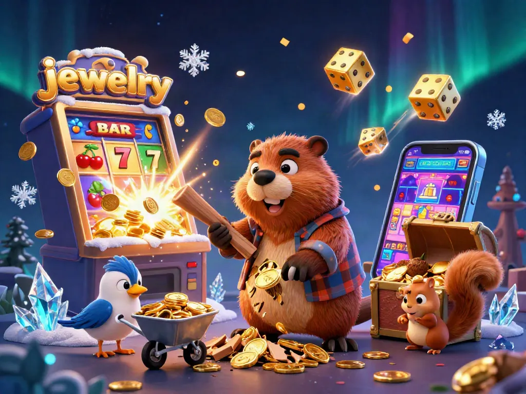 Engage with stunning jewelry illustrations as the playful beaver welcomes a treasure of coins at the casino.