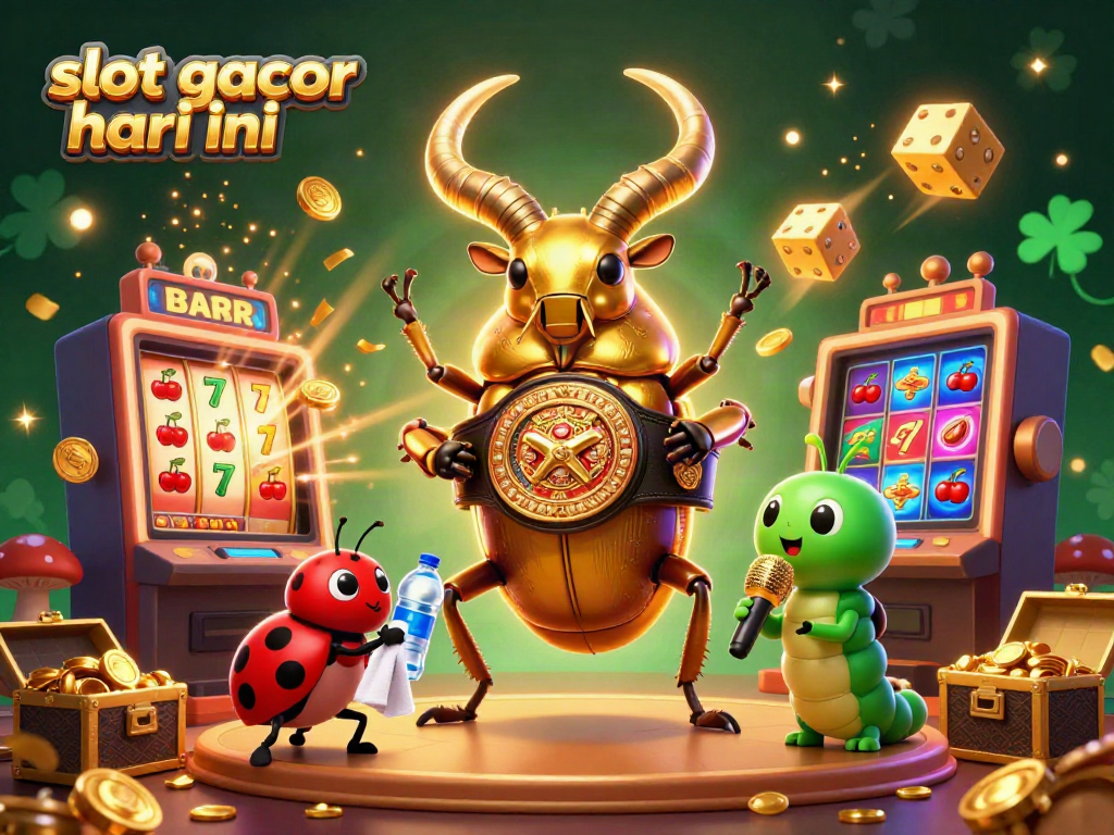 Experience excitement with a vibrant "slot gacor hari ini" illustration featuring animated casino elements and characters.