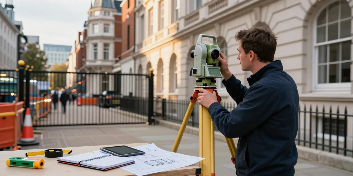 Surveyor conducting measured building surveys London with total station and blueprints.