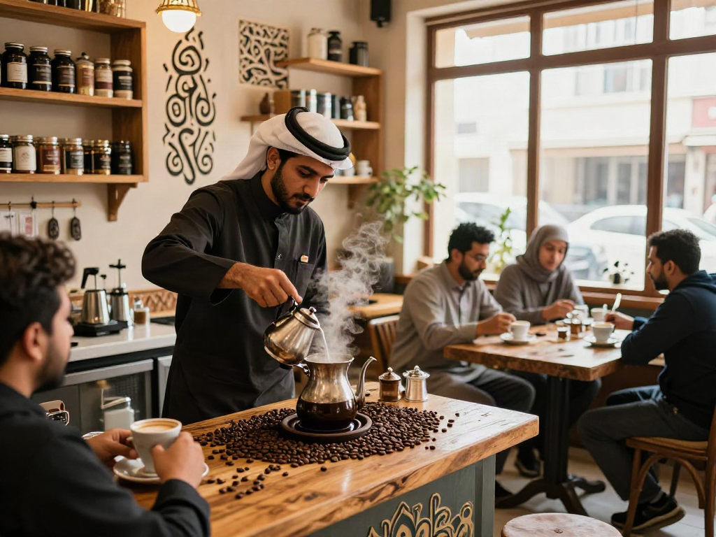 إعداد قھوة في مقهى شعبي بالرياض مع زبائن يستمتعون بأجواء تراثية.