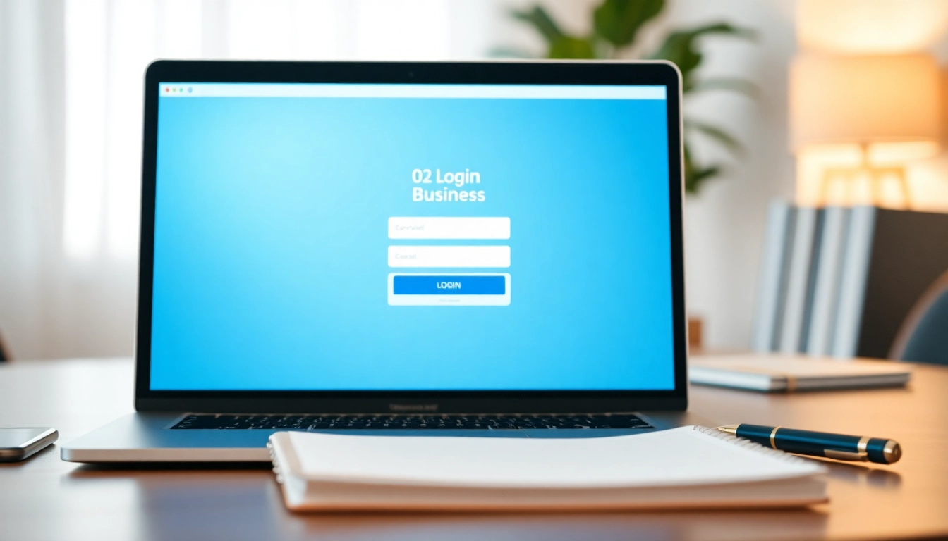 Access the 02 login business interface displayed on a laptop in a modern office.