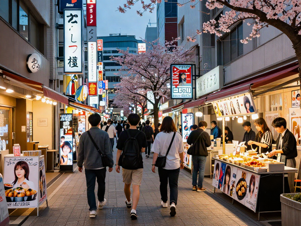 在东京繁华街区，年轻人前往观看日本AV的热闹场景，霓虹灯照亮街道。