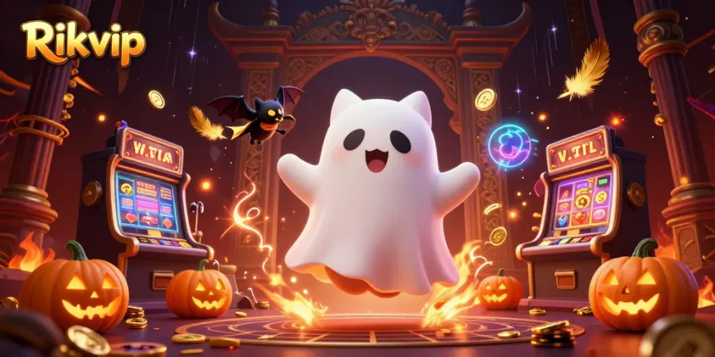 Experience the thrilling atmosphere of Rikvip with a ghost cat and bat in a haunted casino.
