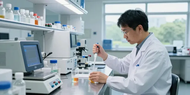 SwissChems lab scene showcasing peptide synthesis with scientists at work.