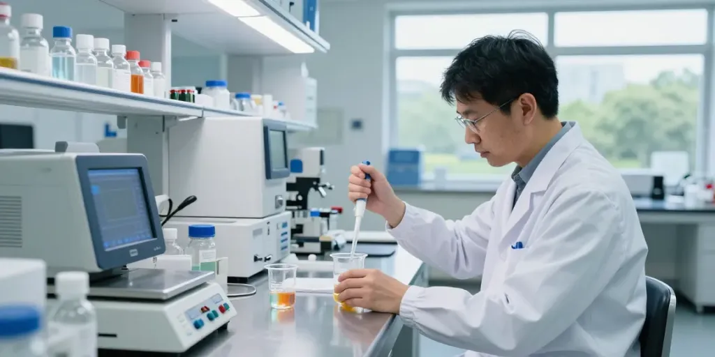 SwissChems lab scene showcasing peptide synthesis with scientists at work.