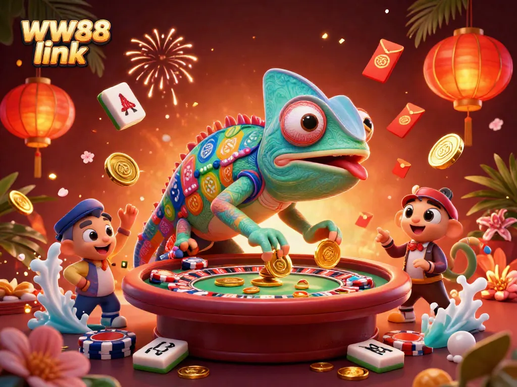 Experience the vibrant excitement of casino gaming with the WW88 link in a colorful 3D illustration.
