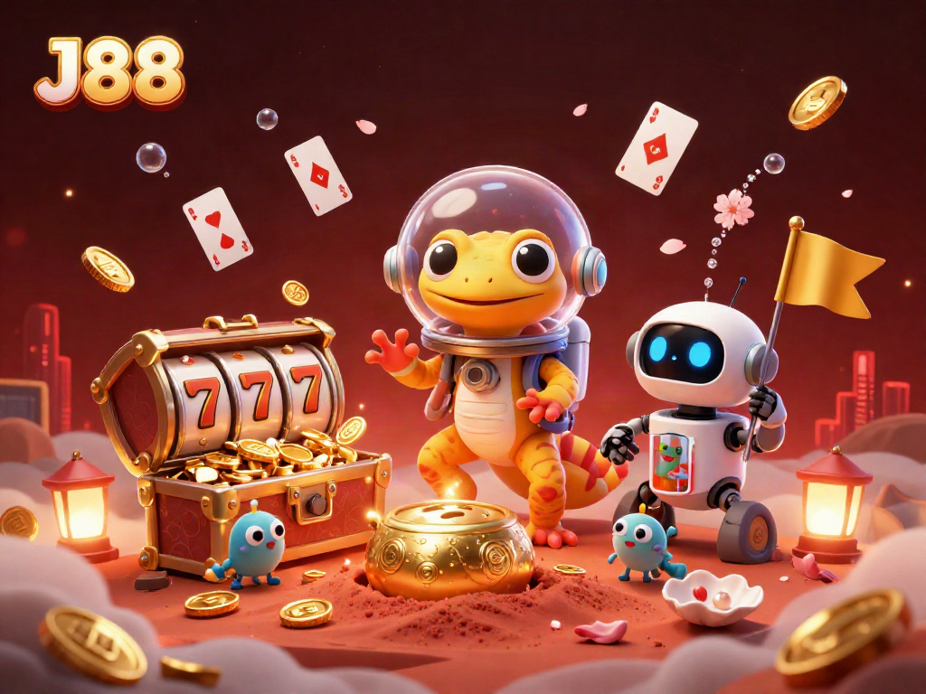 Spin to win at J88's vibrant casino world filled with treasures and playful aliens.