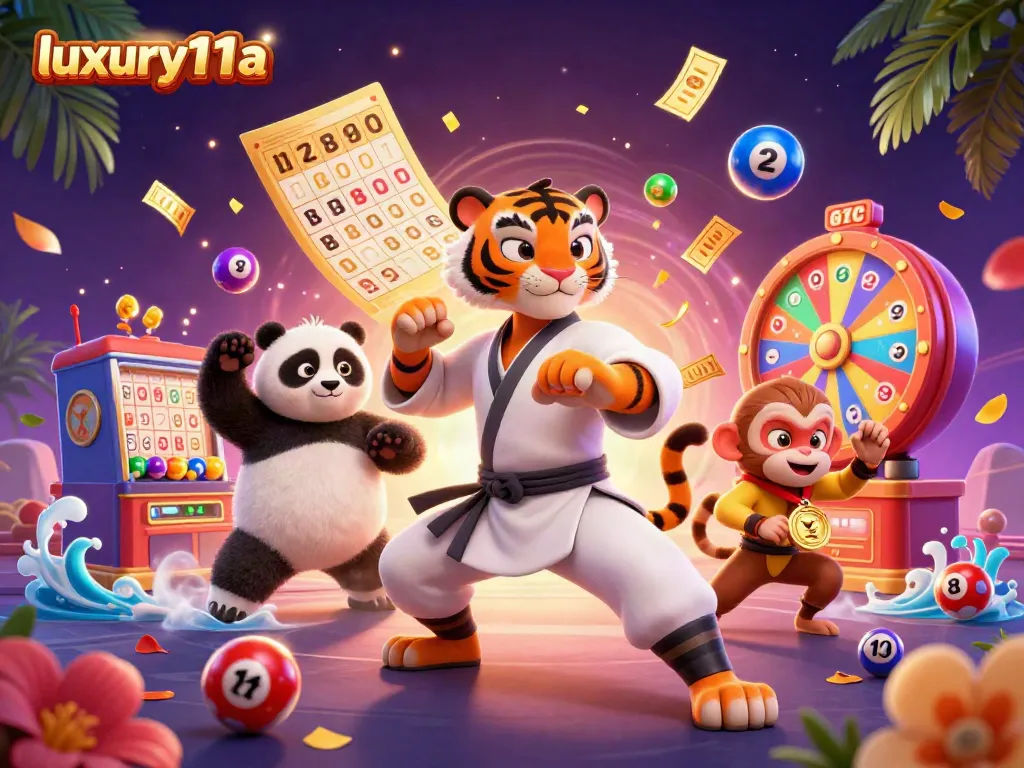 Experience the vibrant energy of luxury111a with a dynamic casino scene featuring a kung fu tiger master and playful characters.