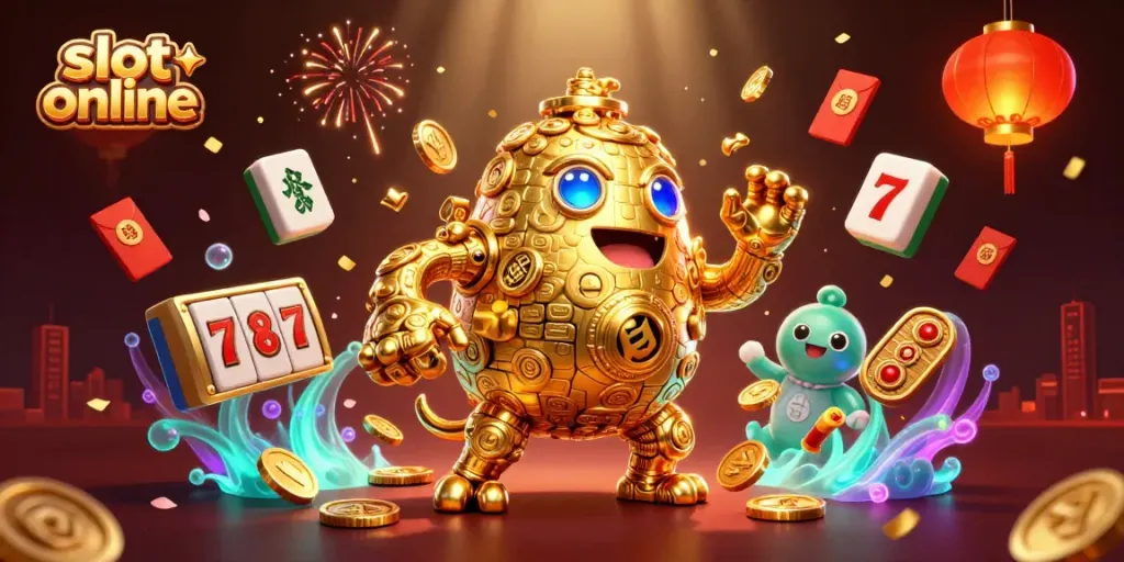 Experience the excitement of slot online action with a vibrant 3D scene featuring a golden golem and dynamic gaming elements.