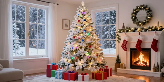 Stunning white colorful Christmas tree adorned with multi-colored lights in a cozy festive living room.