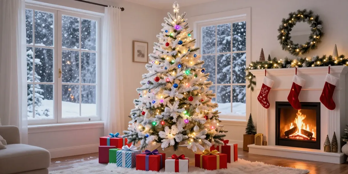 Stunning white colorful Christmas tree adorned with multi-colored lights in a cozy festive living room.