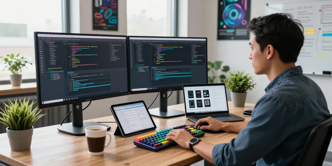 Software developer working in a modern office showcasing bdtjl apps and coding tools.