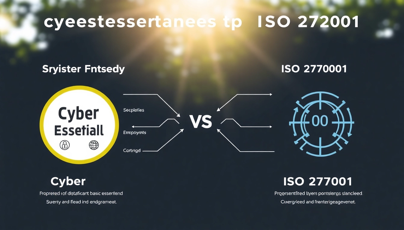 Visual comparison of cyber essentials vs iso 27001, highlighting key differences and requirements.