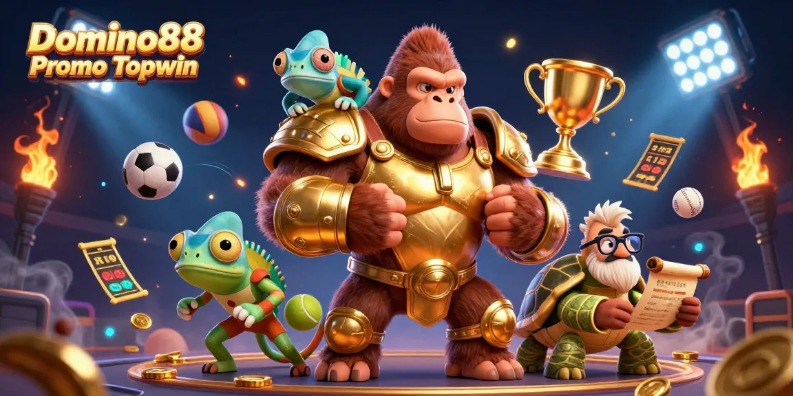 Bet big and win with Domino88 Promo Topwin, showcasing a powerful gorilla and vibrant sports elements.