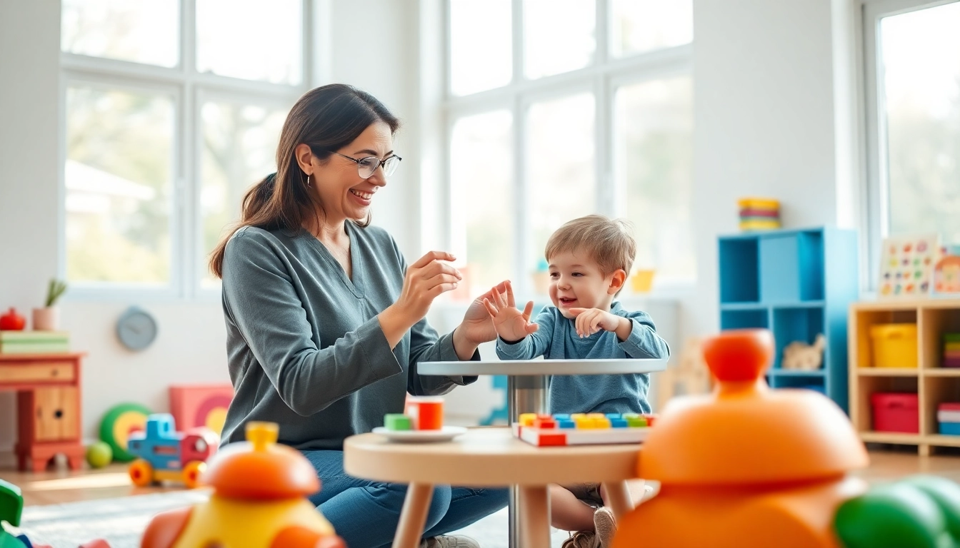 Child receiving Autism Therapy from a supportive therapist in a colorful, engaging room.