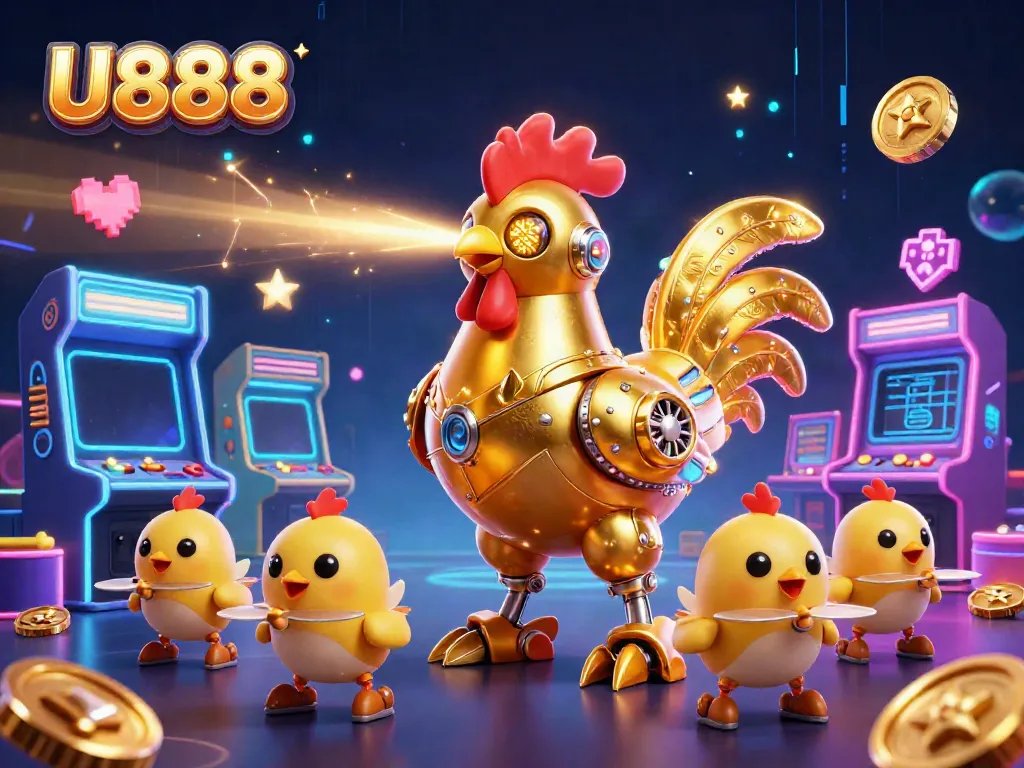 Engage in dynamic gaming with U888, featuring a golden rooster robot and arcade games.