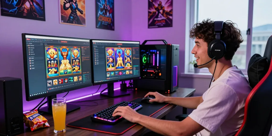 LAVOWIN gaming scene with enthusiastic player enjoying slots on multiple monitors in a cozy gaming room.