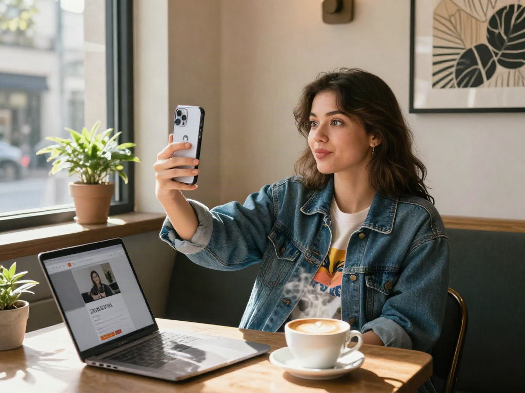 Young woman uploading a selfie to see how old do I look in a café.