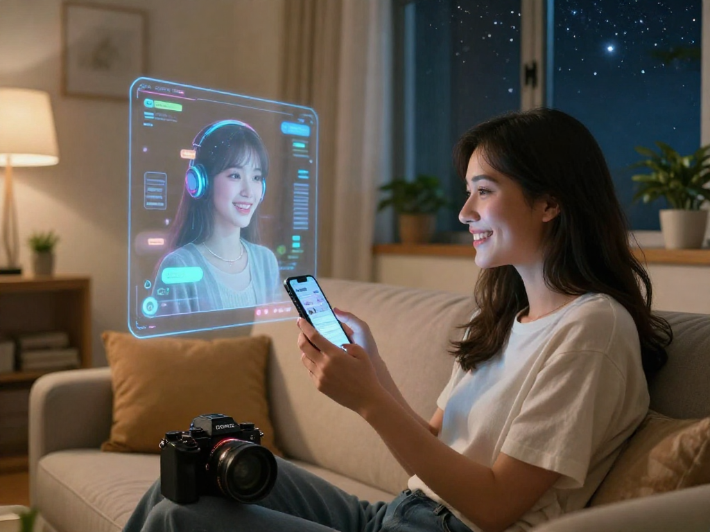 Engaging moment with an AI girlfriend hologram in a cozy home setting.