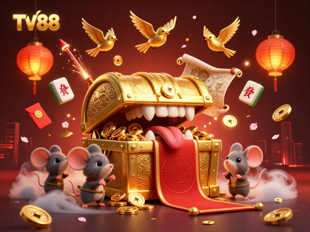 Unleash your luck at TV88 with this vibrant treasure-themed casino illustration, featuring adventurous mice and gold elements.