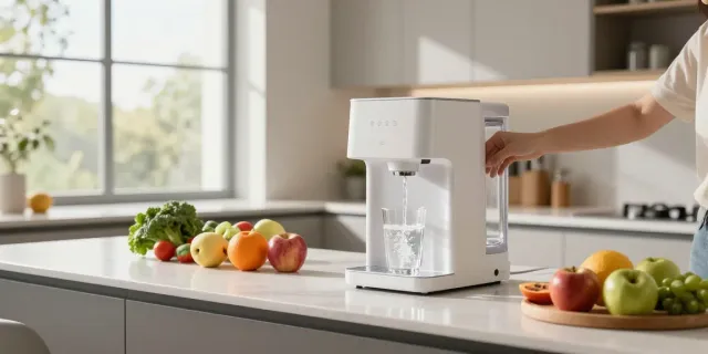 Demonstrating the distilled water purified water difference with a countertop RO water dispenser in a modern kitchen.