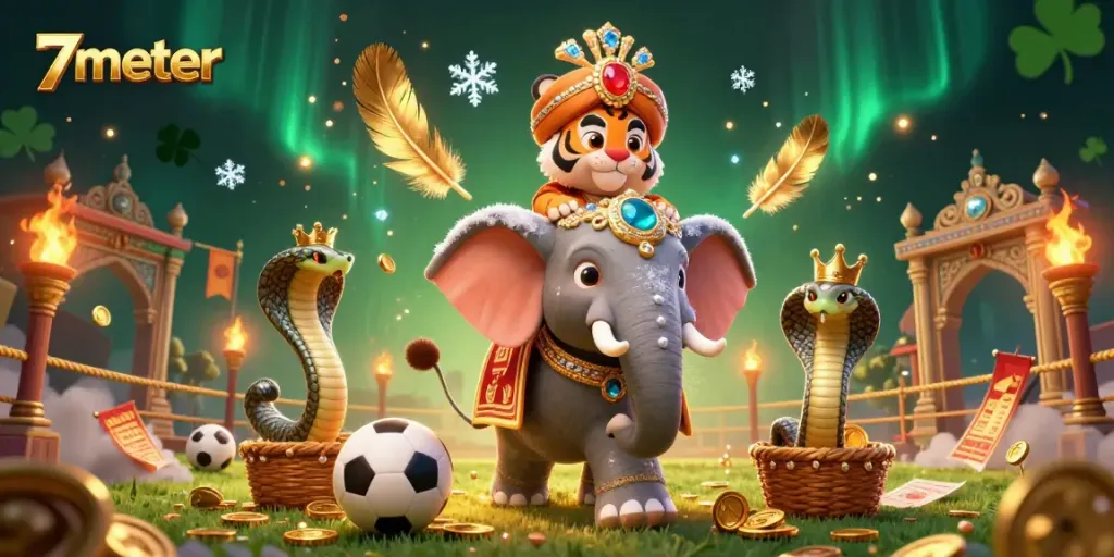 Bet on sports with 7meter's thrilling 3D illustration of a maharaja riding a jeweled elephant amidst vibrant elements.