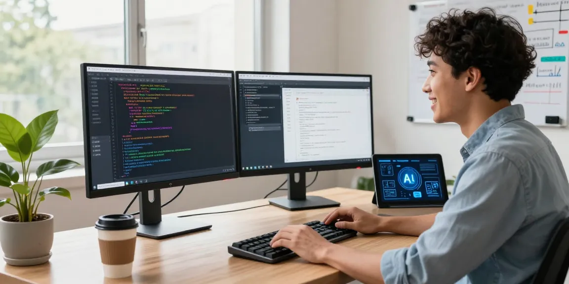 Developer focused on how to build internal tools with AI in a modern office with dual monitors and coding setup.