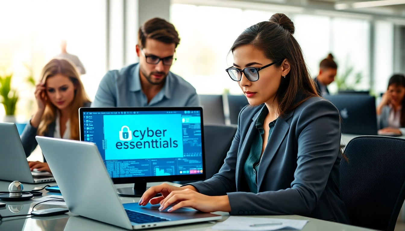 Illustration of cybersecurity experts discussing cyber essentials strategy in a modern office.