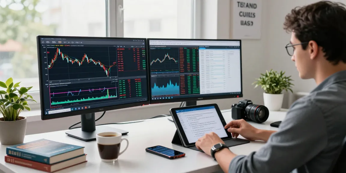 A forex trader's workspace featuring mt4 on multiple screens with charts, analysis notes, and motivational quotes.