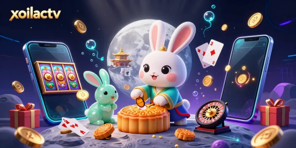 Xoilactv features a dynamic moon rabbit scene with poker chips, showcasing vibrant slot and casino elements.