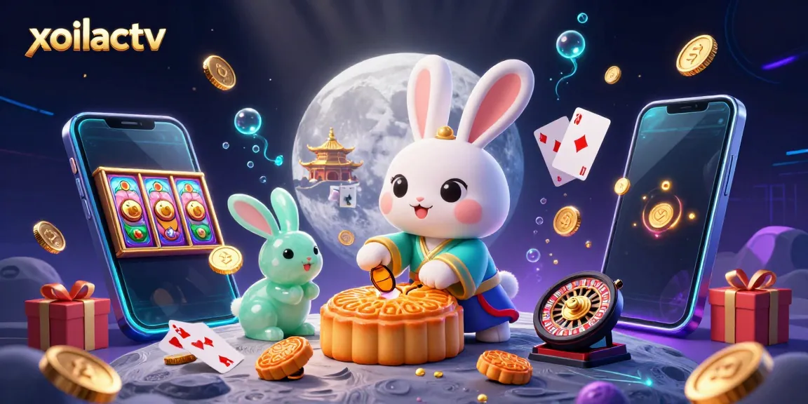 Xoilactv features a dynamic moon rabbit scene with poker chips, showcasing vibrant slot and casino elements.