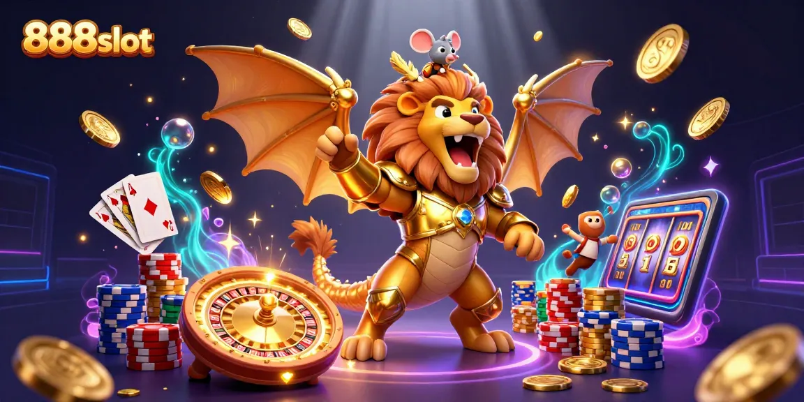 Engage in thrilling slots at 888slot with dynamic 3D casino scene showcasing golden elements and lucky symbols.