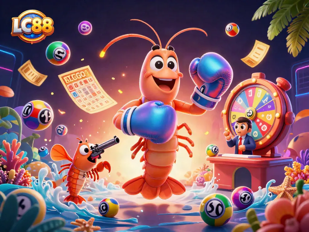 Experience excitement with LC88 as lottery balls bounce and a vibrant prize wheel spins.