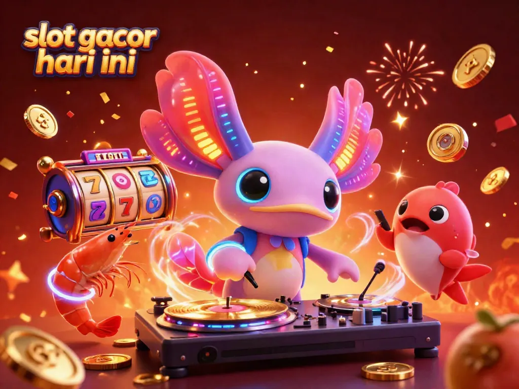 Slot gacor hari ini menyajikan pesta kasino dengan DJ axolotl, simbol jackpot, dan suasana meriah.