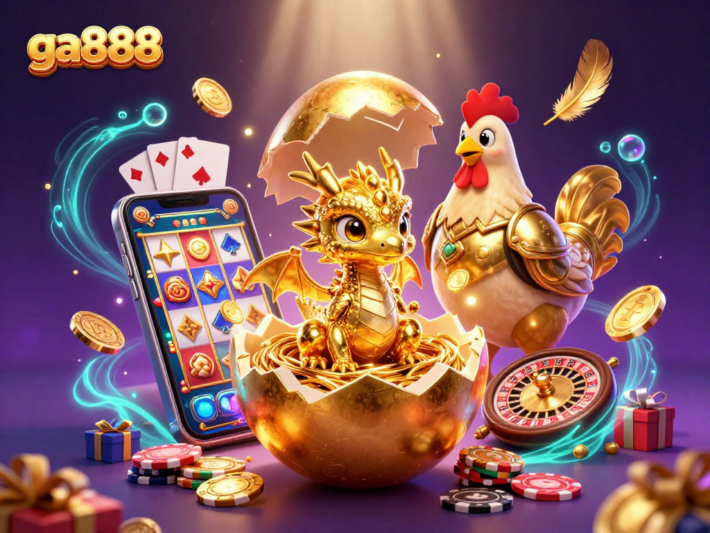 Win big with ga888 in this vibrant 3D casino scene featuring exquisite golden characters and playful games.