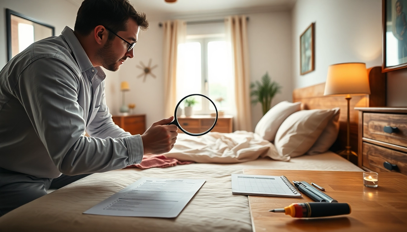 bed bug exterminators examining a bedroom for bed bug signs with professional tools