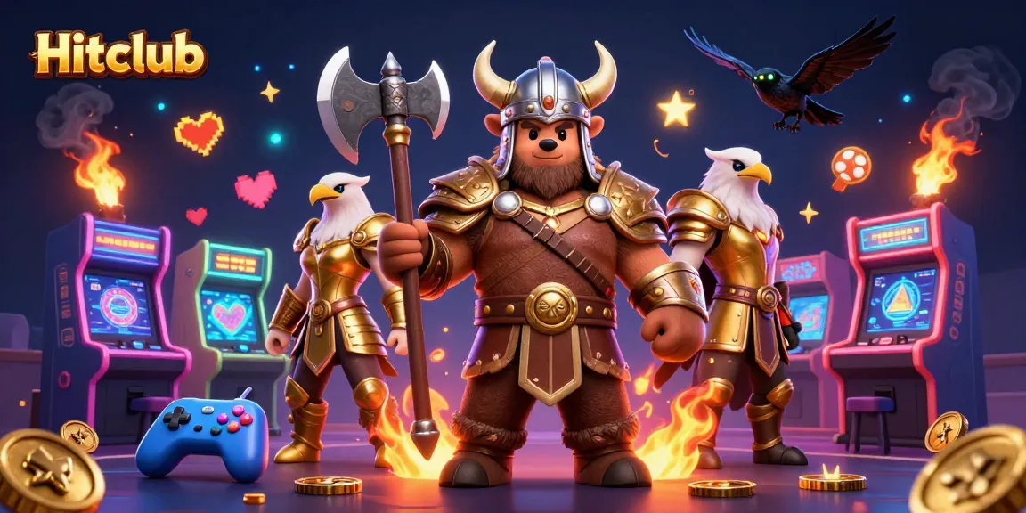 Hitclub's Viking berserker and Valkyrie eagle fight amidst colorful casino elements in an engaging 3D scene.