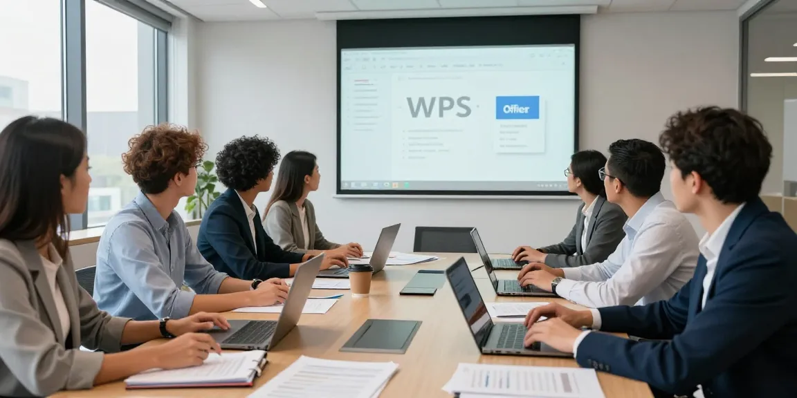 团队在现代办公室中使用WPS Office进行高效协作,展现出专业和互动氛围。