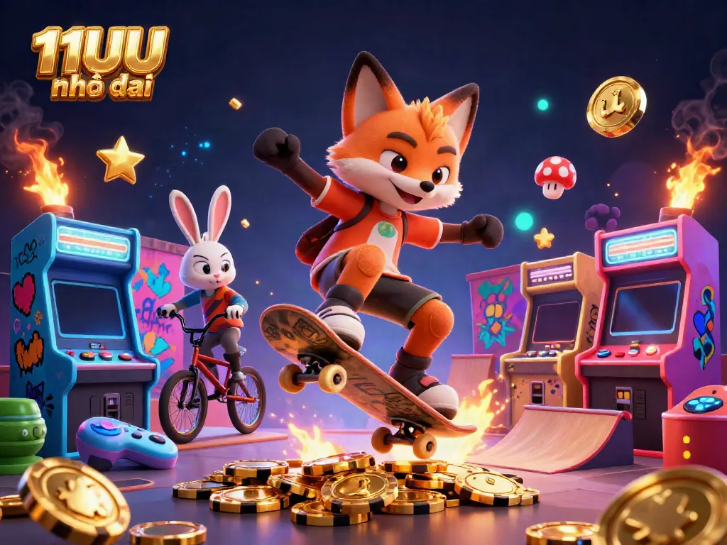 Experience vibrant gameplay action with 11UU nhà cái, featuring a cartoon fox and rabbit in a casino-themed scene.